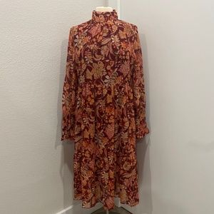 High Neck Trumpet Sleeve Floral Print Dress